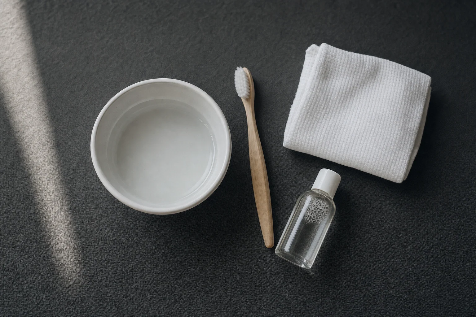Flat-lay of cleaning materials — bowl, soft brush, ring, lint-free cloth.