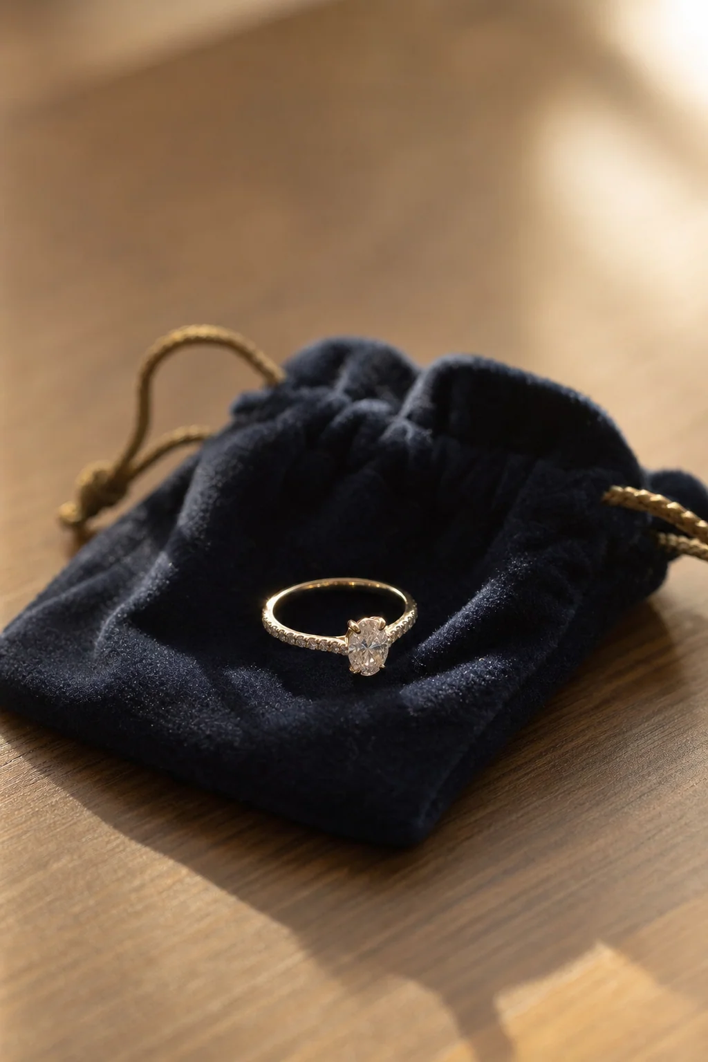 Ring resting on a velvet pouch, soft daylight, intimate.