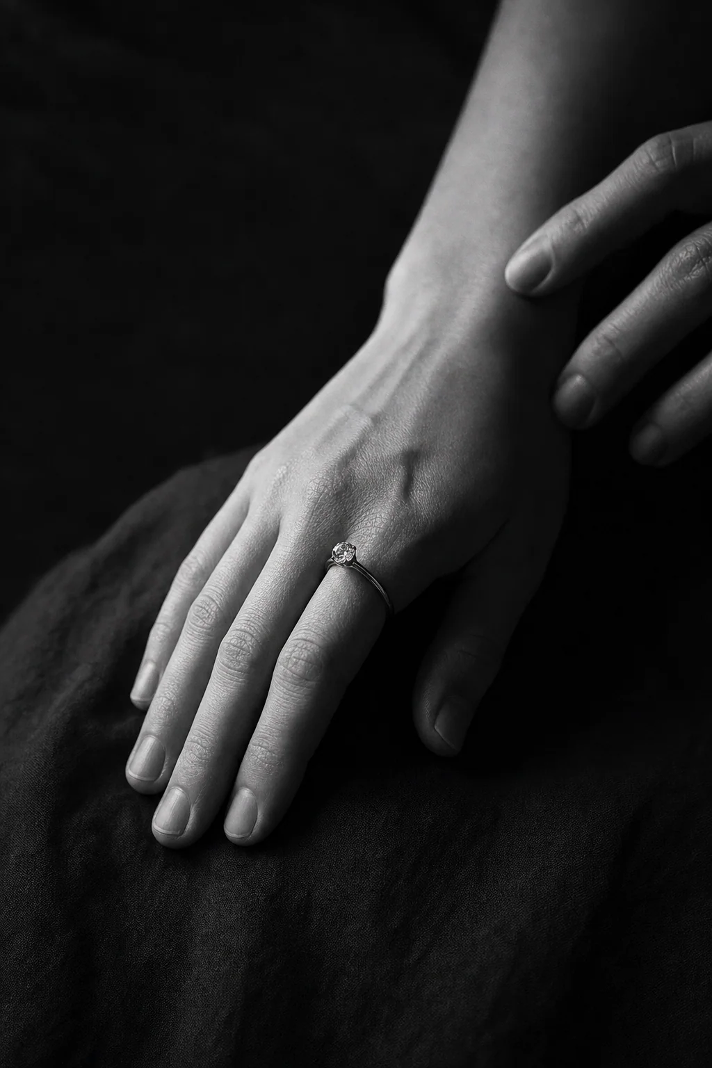 Two hands passing a ring — black-and-white fine art