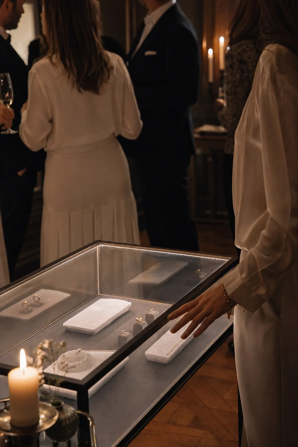 Intimate gathering at a boutique, candlelight, editorial documentary.