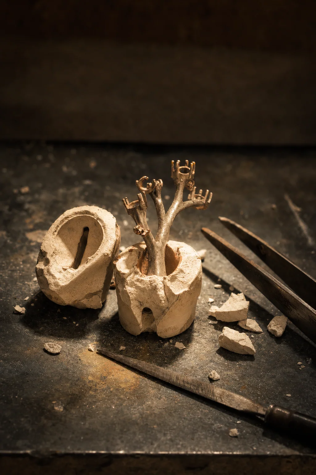 Lost wax casting in progress, atelier documentary.