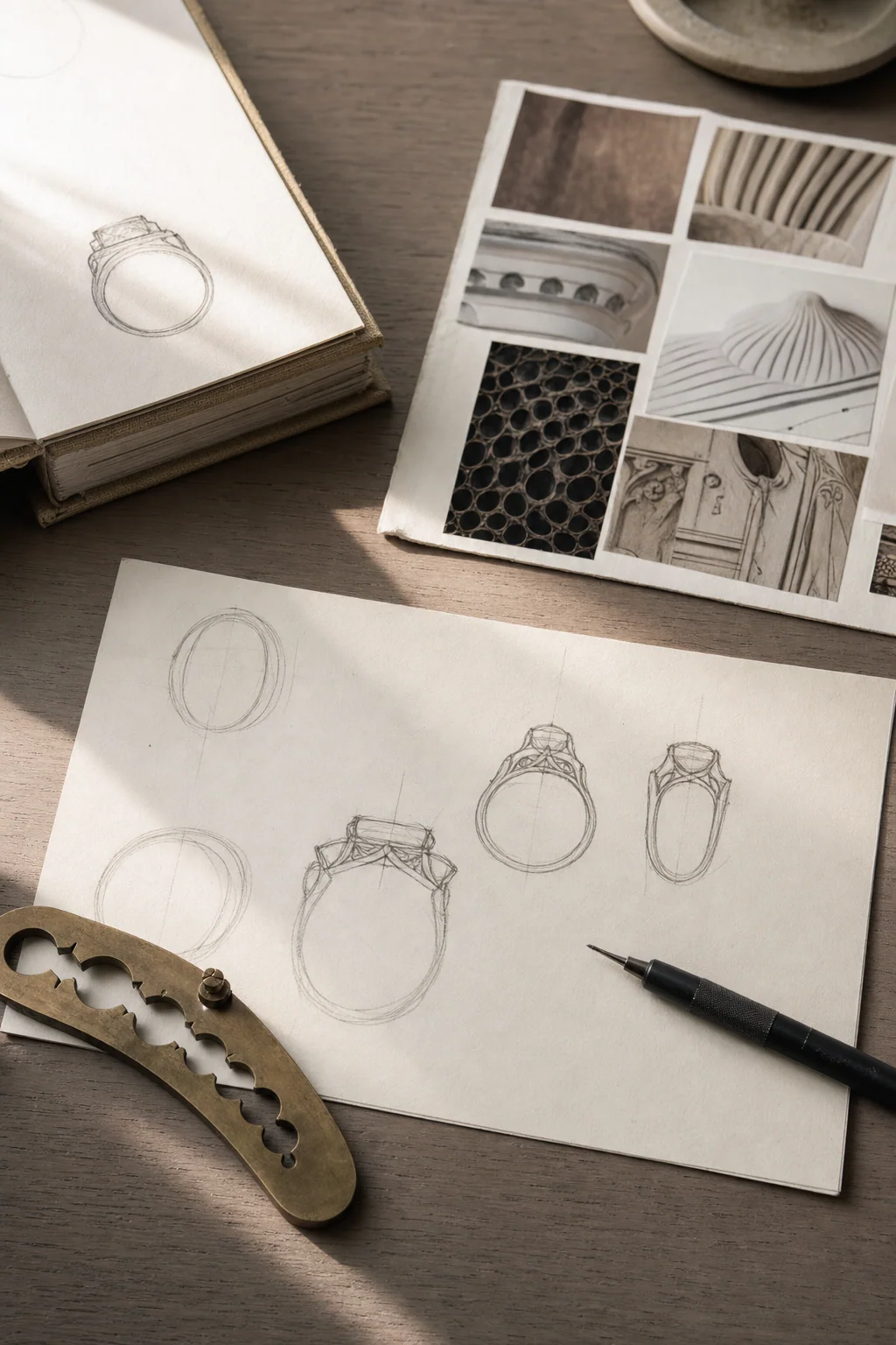 Sketches and references on a wooden atelier table.