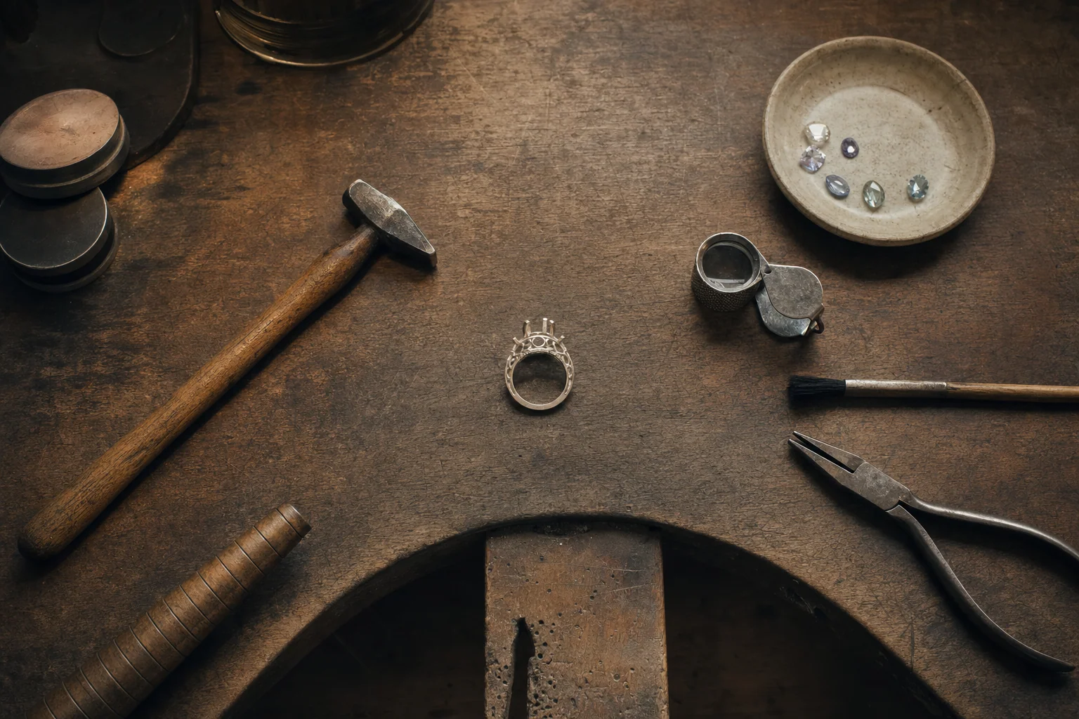 Atelier workbench from above, tools and a piece in progress.
