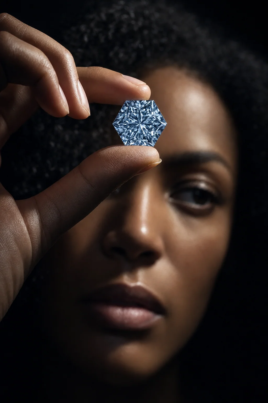 Hexagonal brilliant fancy blue diamond held by a model