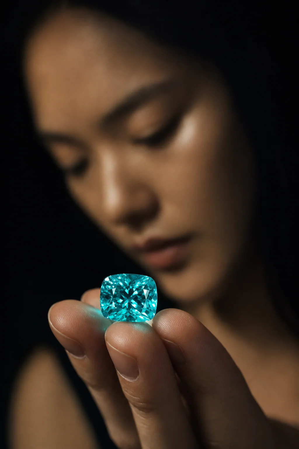Paraíba tourmaline cushion held at the temple by an East Asian model in 3/4 fashion profile