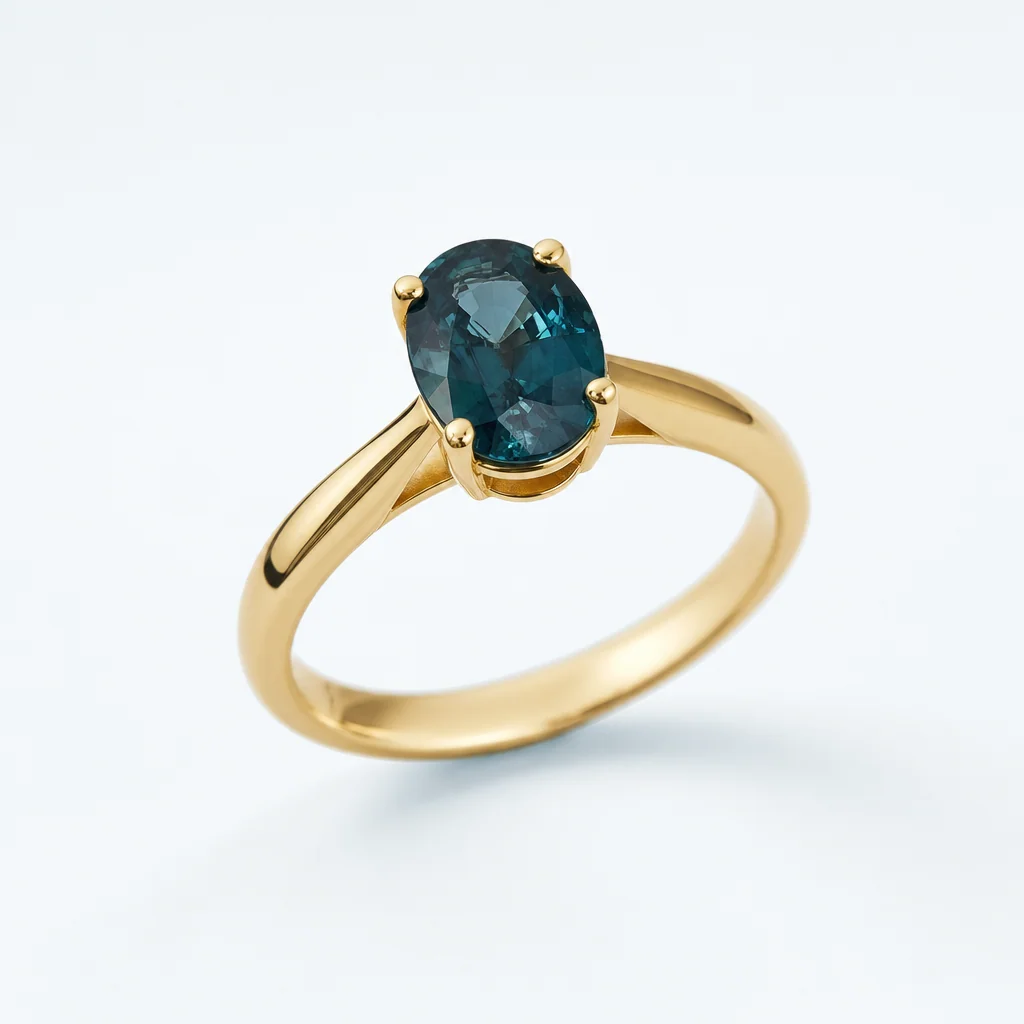 Yellow gold solitaire with teal sapphire