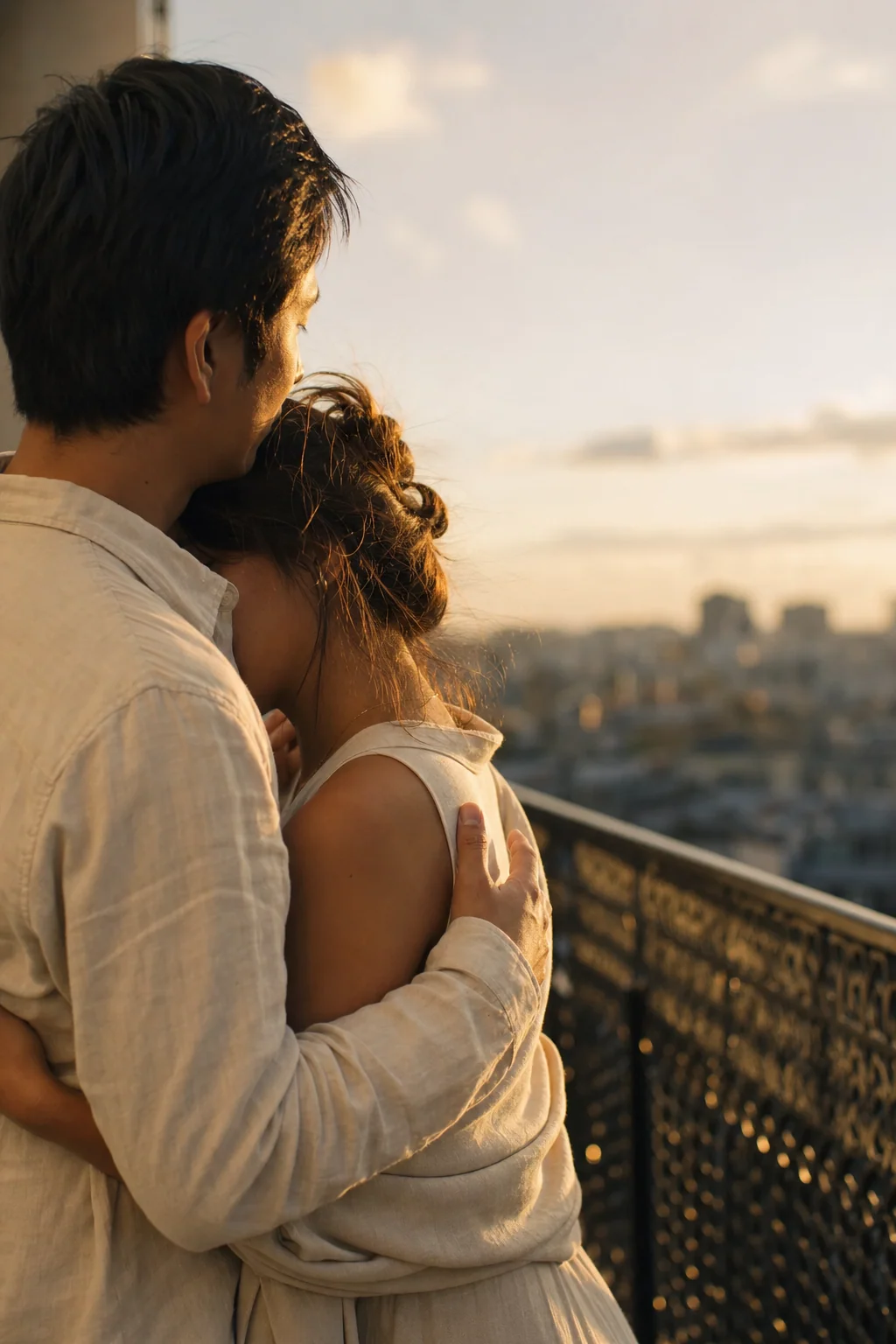 Modern couple, intimate balcony moment