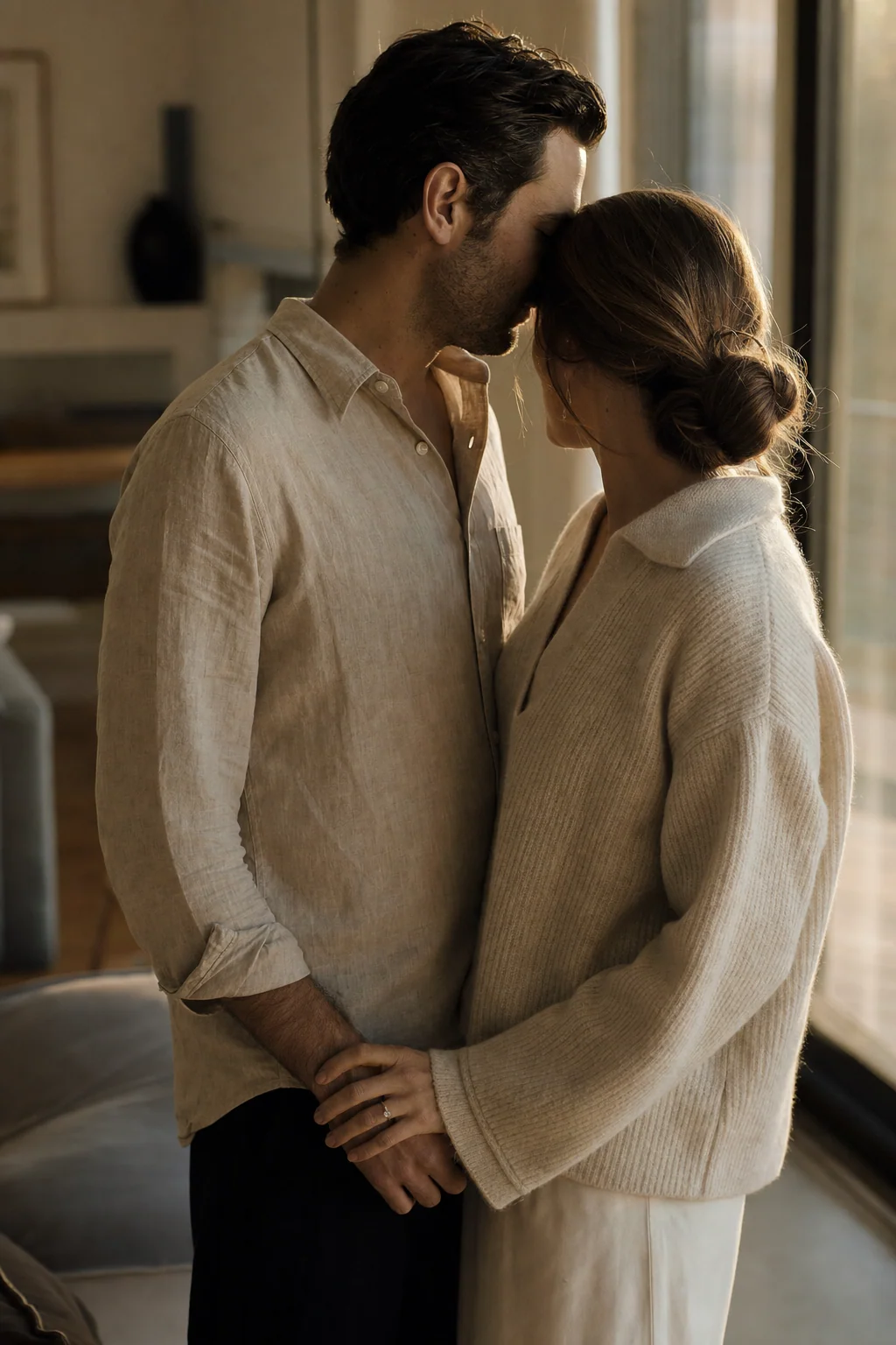 Modern couple in an intimate moment at a window, editorial portrait.