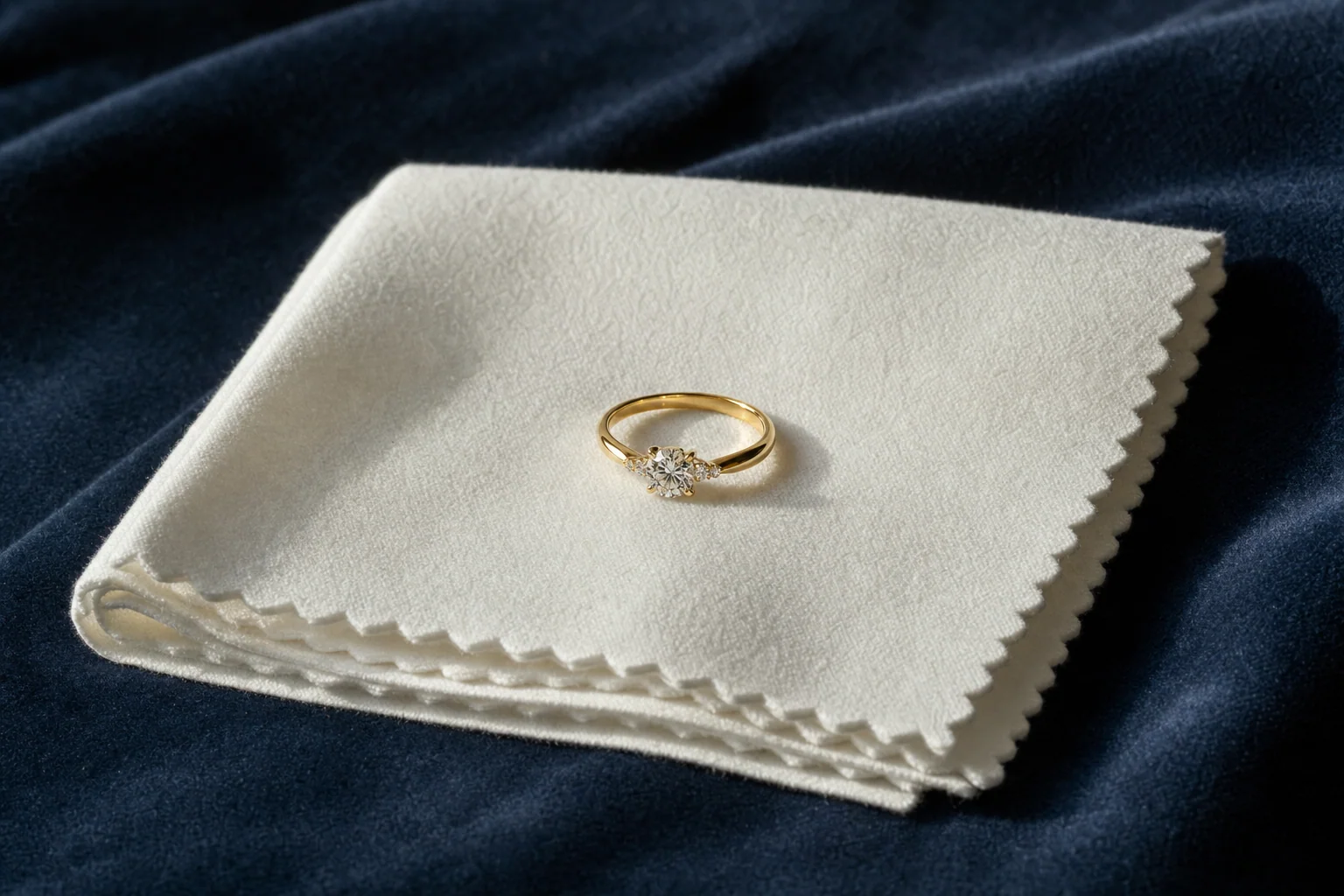Polishing cloth folded with ring on velvet