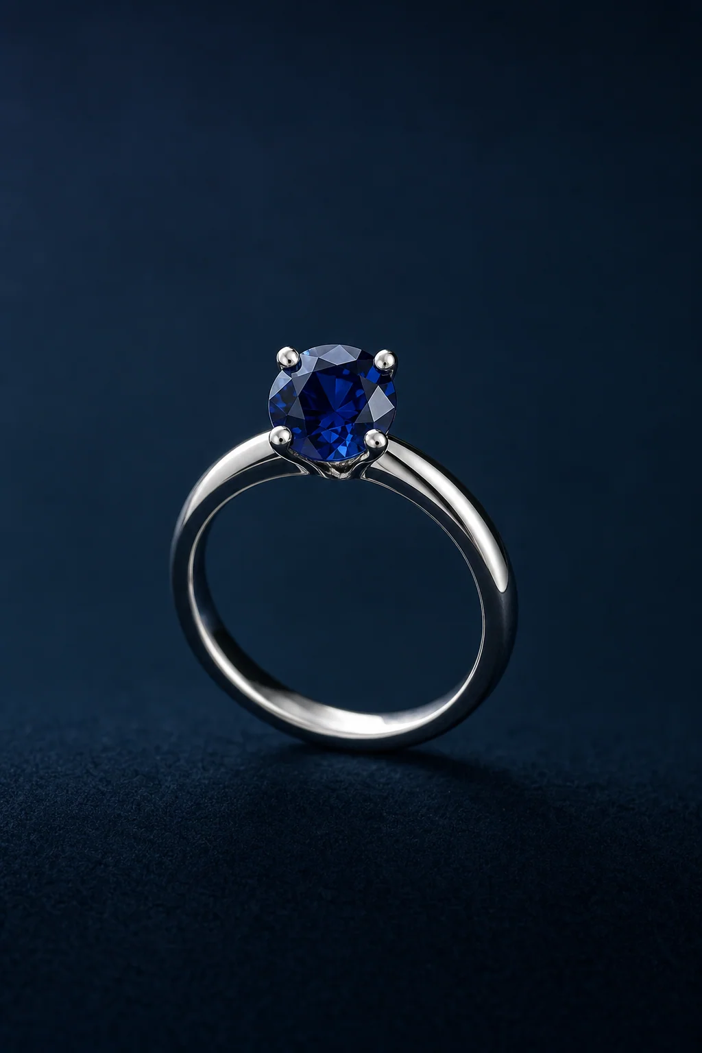 Pre-owned ÊTRUNE blue sapphire ring on dark velvet, editorial product photography.